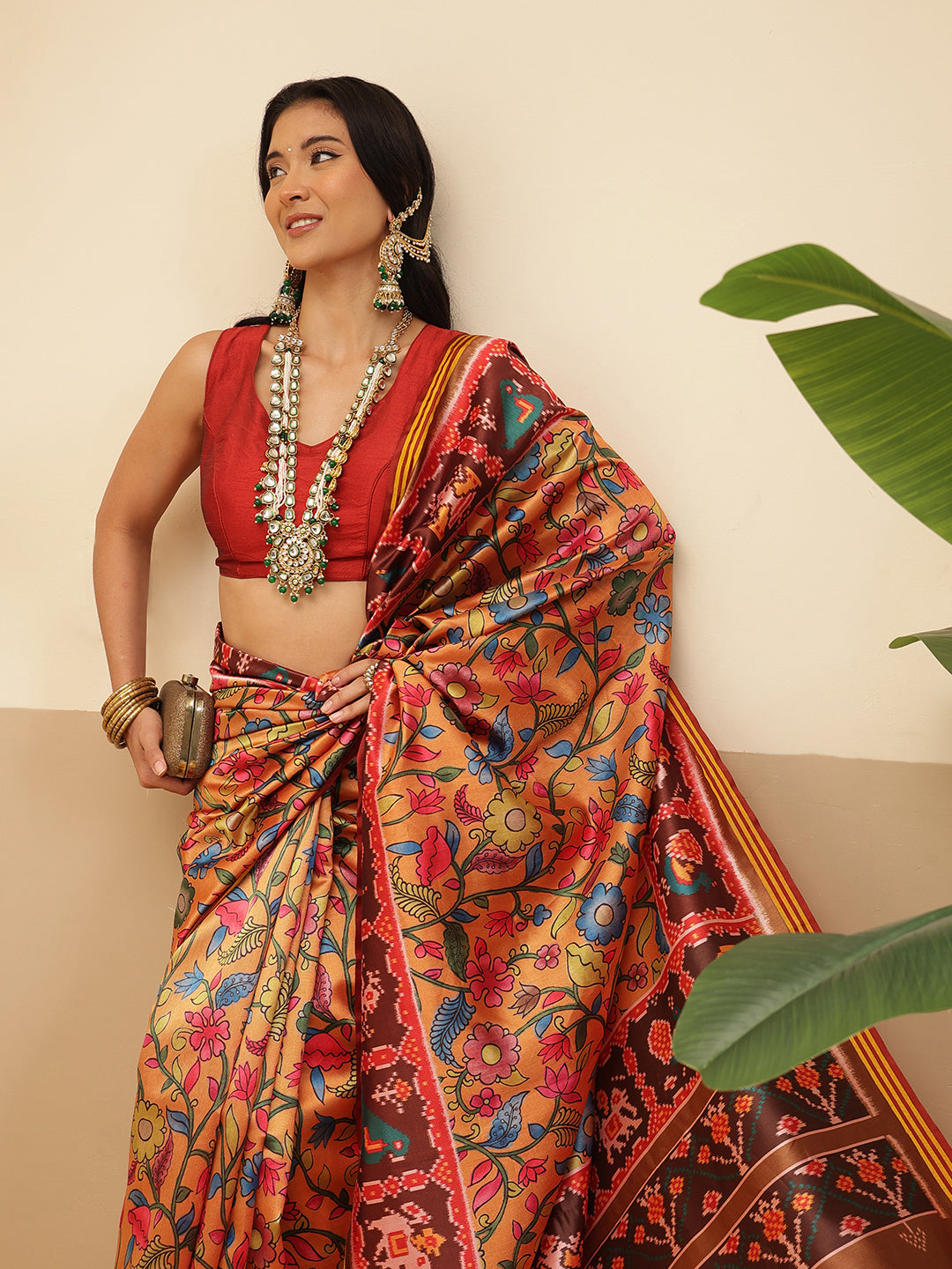 Digital Printed Kalamkari Patola Saree for Women with Lagdi Patta Pallu and Handmade Tassel