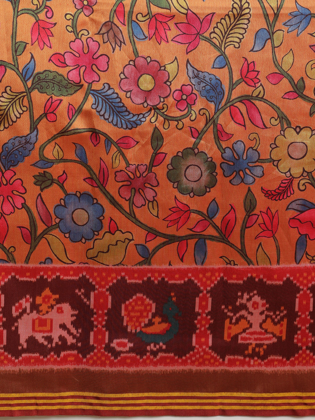 Digital Printed Kalamkari Patola Saree for Women with Lagdi Patta Pallu and Handmade Tassel