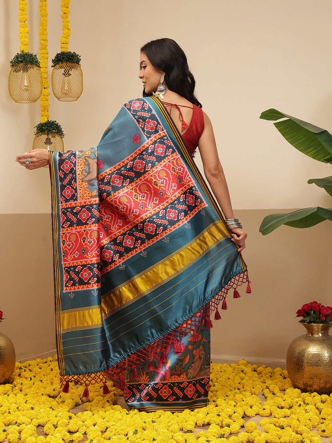 Digital Printed Kalamkari Patola Saree for Women with Lagdi Patta Pallu and Handmade Tassel