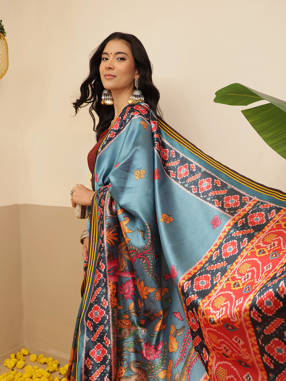 Digital Printed Kalamkari Patola Saree for Women with Lagdi Patta Pallu and Handmade Tassel