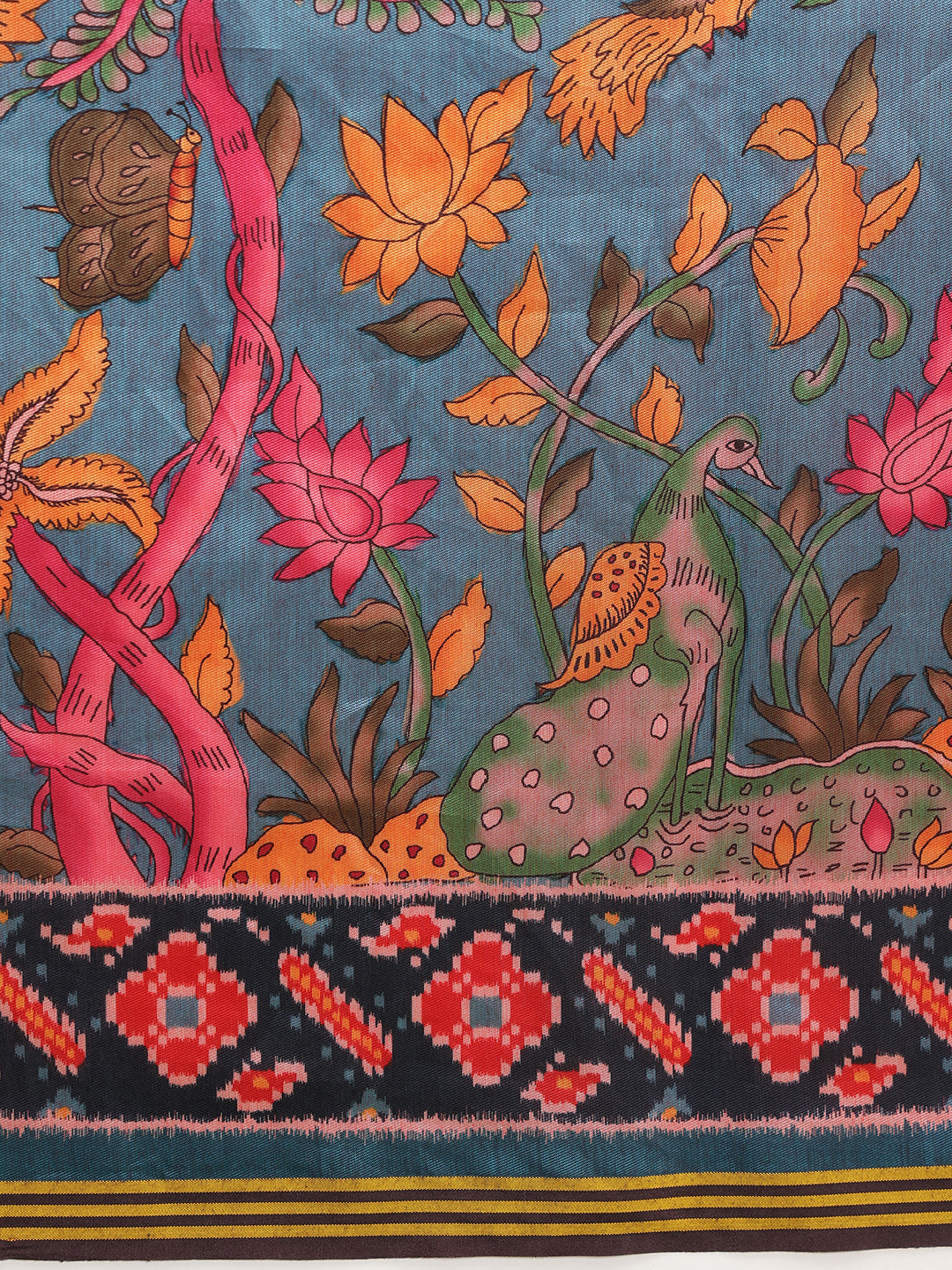 Digital Printed Kalamkari Patola Saree for Women with Lagdi Patta Pallu and Handmade Tassel