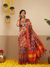Digital Printed Kalamkari Patola Saree for Women with Lagdi Patta Pallu and Handmade Tassel