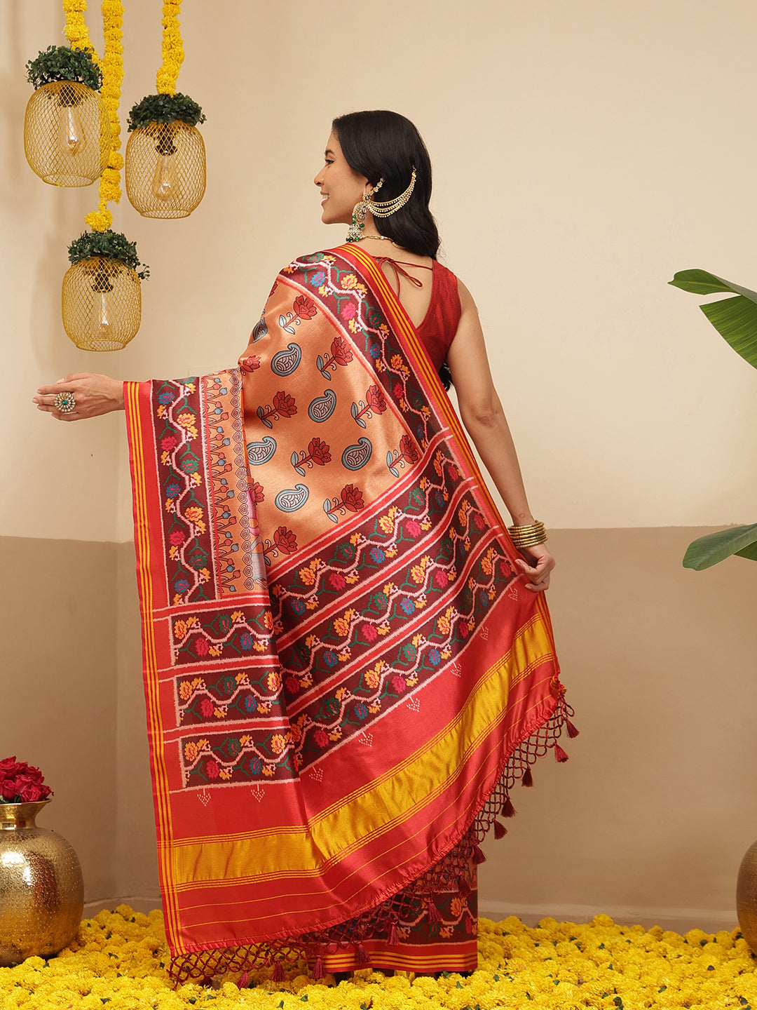 Digital Printed Kalamkari Patola Saree for Women with Lagdi Patta Pallu and Handmade Tassel