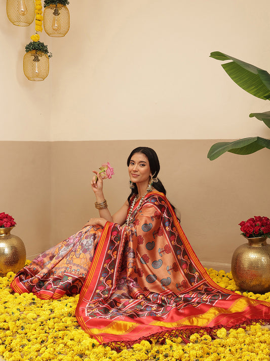 Digital Printed Kalamkari Patola Saree for Women with Lagdi Patta Pallu and Handmade Tassel
