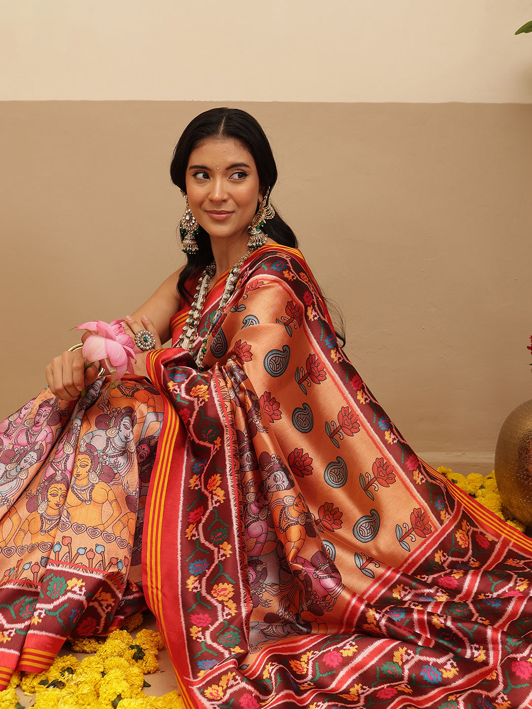 Digital Printed Kalamkari Patola Saree for Women with Lagdi Patta Pallu and Handmade Tassel