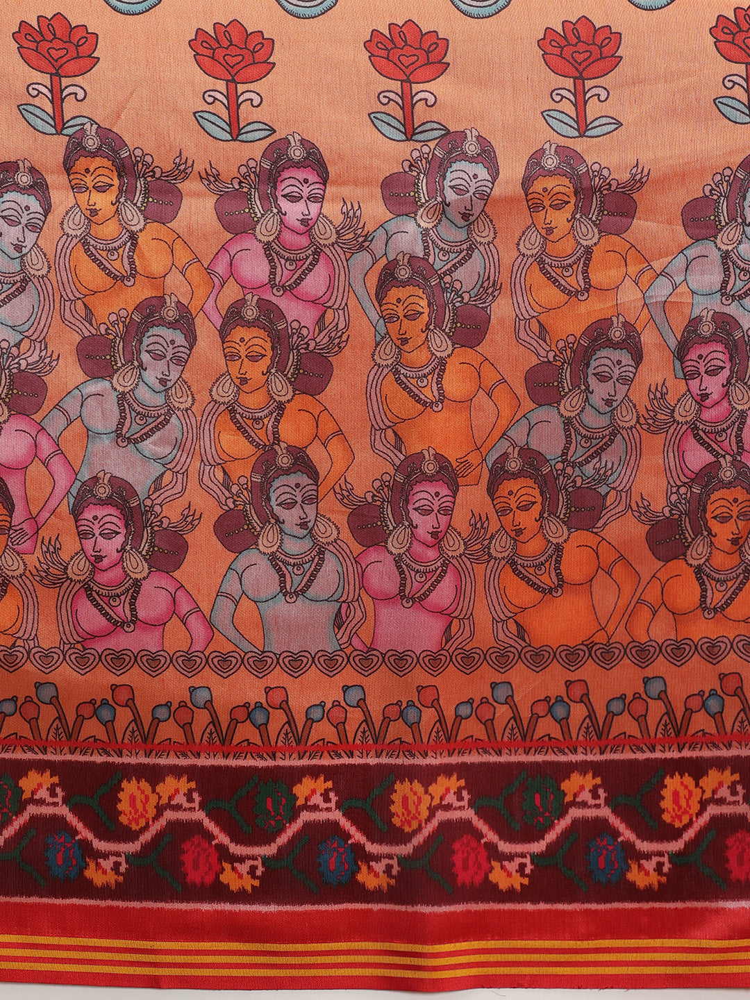 Digital Printed Kalamkari Patola Saree for Women with Lagdi Patta Pallu and Handmade Tassel