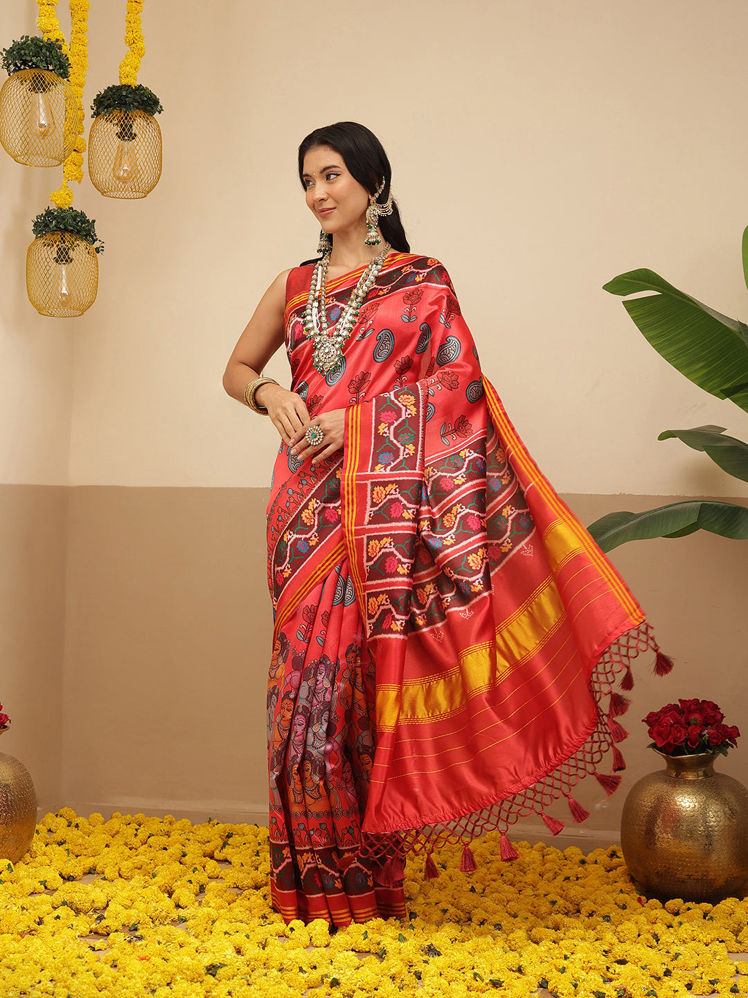 Digital Printed Kalamkari Patola Saree for Women with Lagdi Patta Pallu and Handmade Tassel