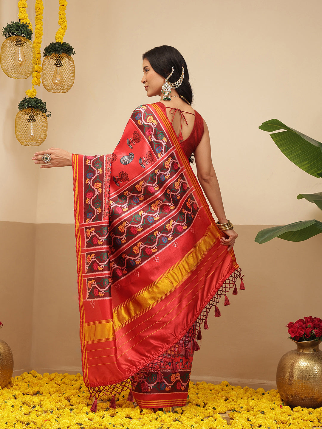 Digital Printed Kalamkari Patola Saree for Women with Lagdi Patta Pallu and Handmade Tassel