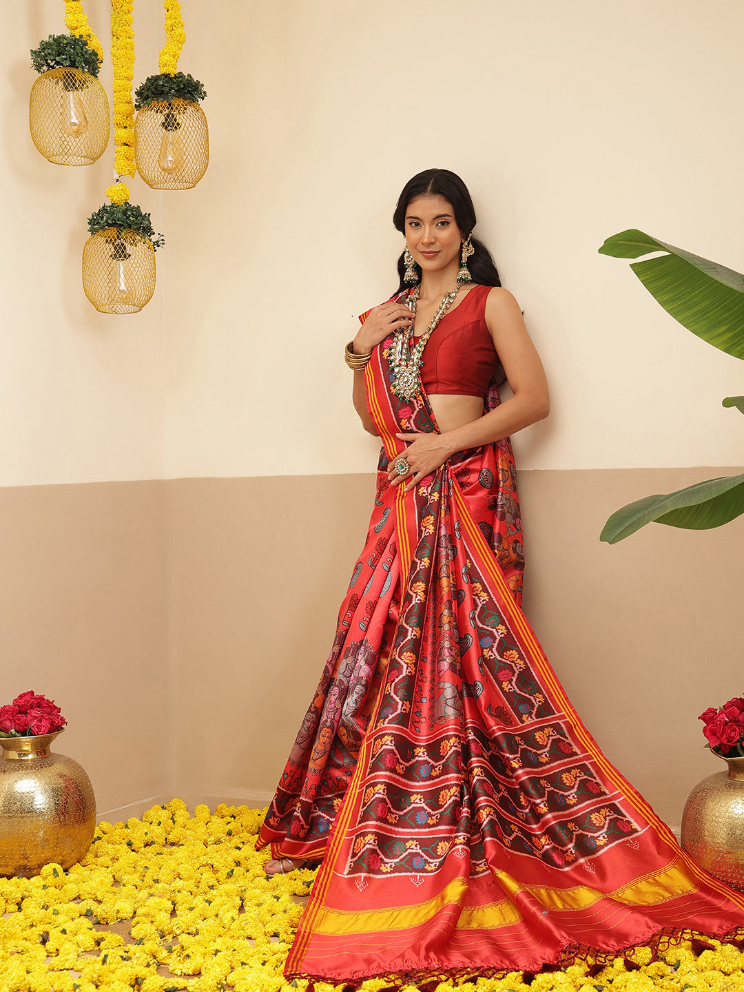 Digital Printed Kalamkari Patola Saree for Women with Lagdi Patta Pallu and Handmade Tassel