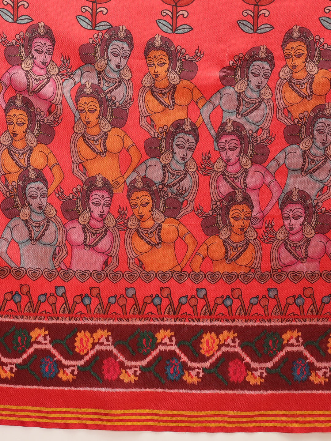 Digital Printed Kalamkari Patola Saree for Women with Lagdi Patta Pallu and Handmade Tassel