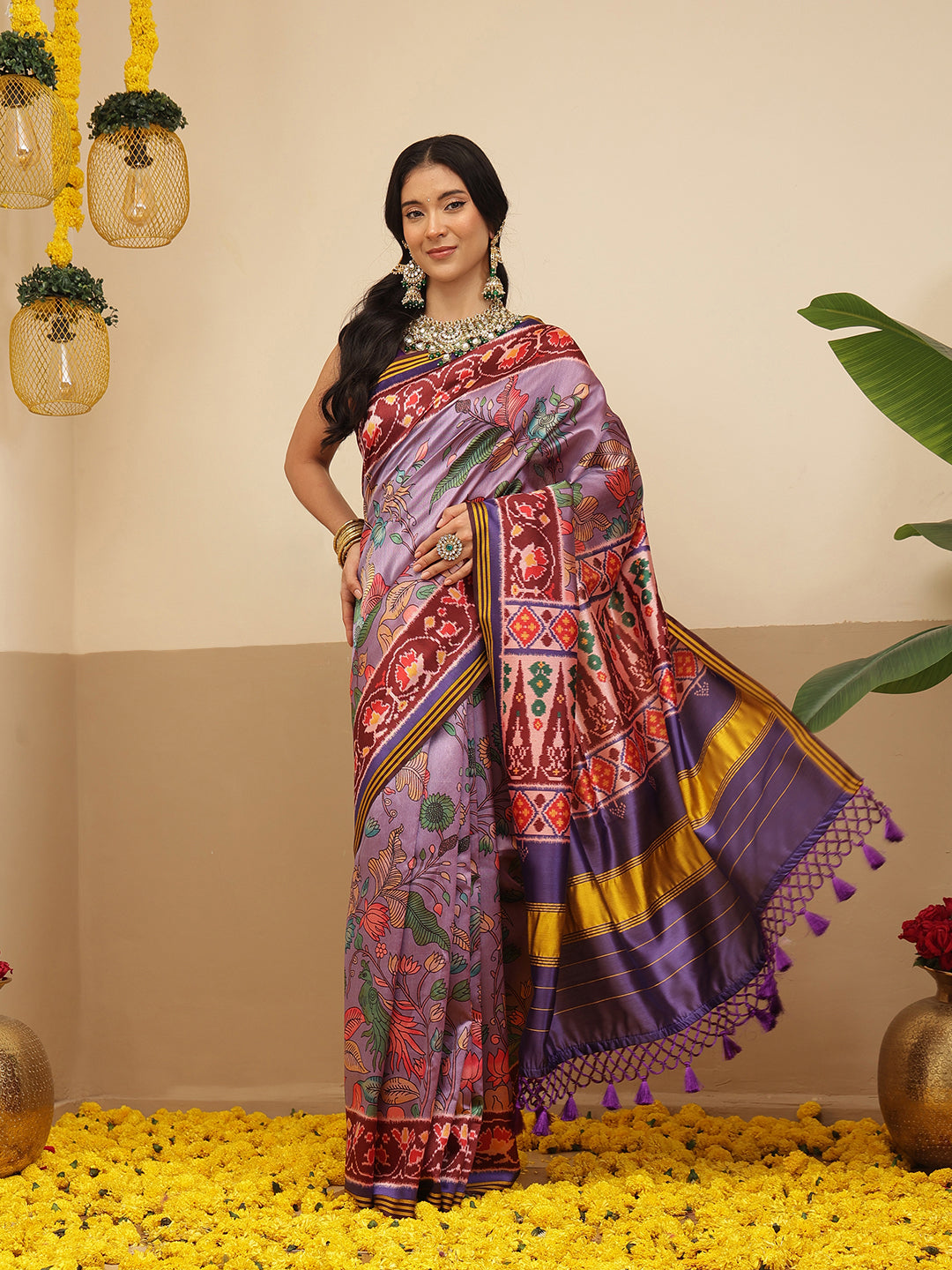 Digital Printed Kalamkari Patola Saree for Women with Lagdi Patta Pallu and Handmade Tassel
