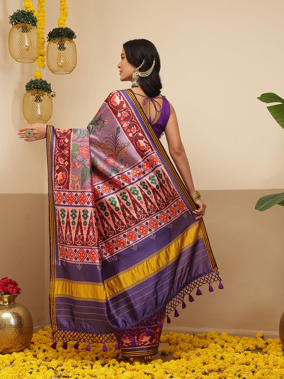 Digital Printed Kalamkari Patola Saree for Women with Lagdi Patta Pallu and Handmade Tassel