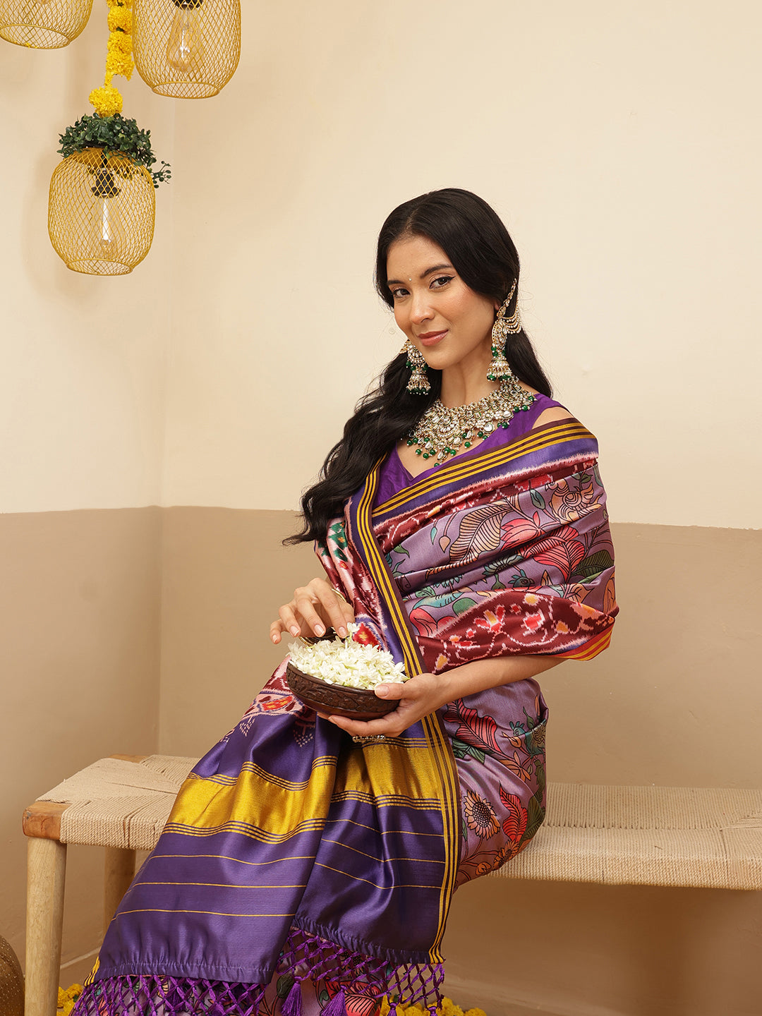 Digital Printed Kalamkari Patola Saree for Women with Lagdi Patta Pallu and Handmade Tassel