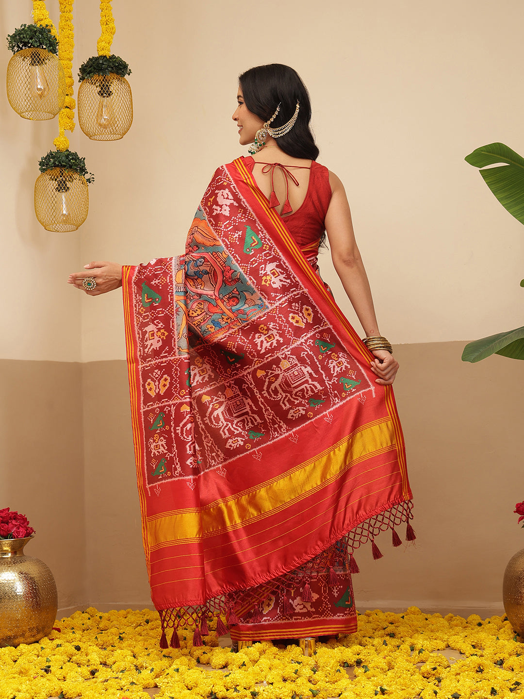 Digital Printed Kalamkari Patola Saree for Women with Lagdi Patta Pallu and Handmade Tassel