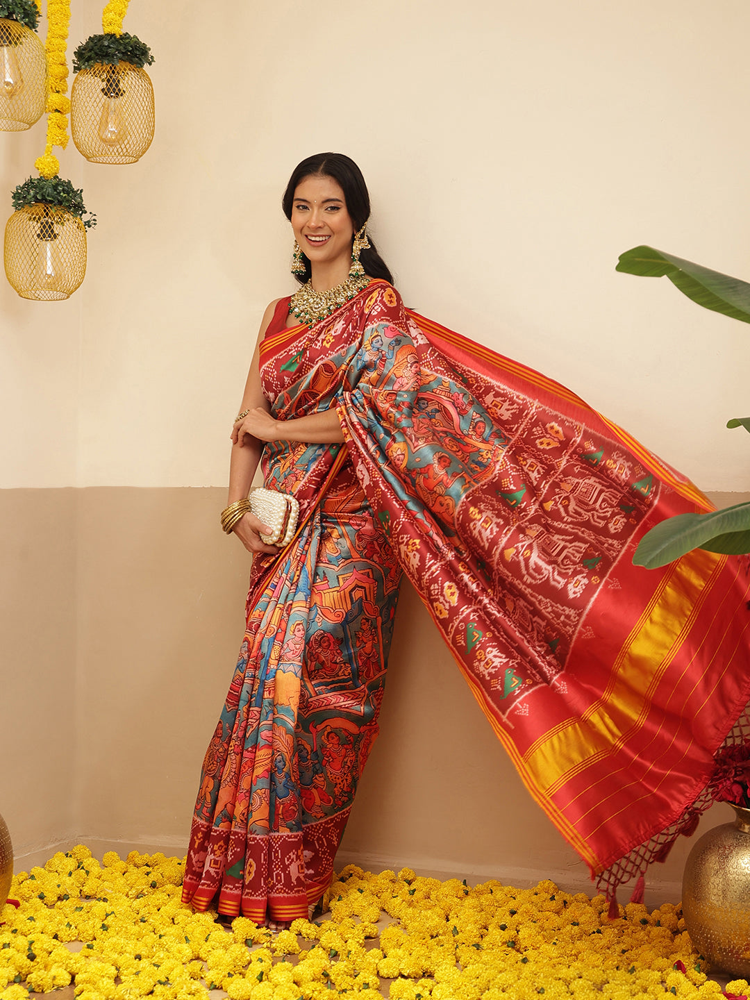 Digital Printed Kalamkari Patola Saree for Women with Lagdi Patta Pallu and Handmade Tassel