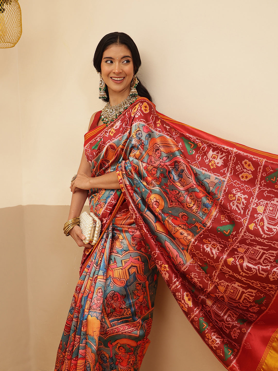 Digital Printed Kalamkari Patola Saree for Women with Lagdi Patta Pallu and Handmade Tassel