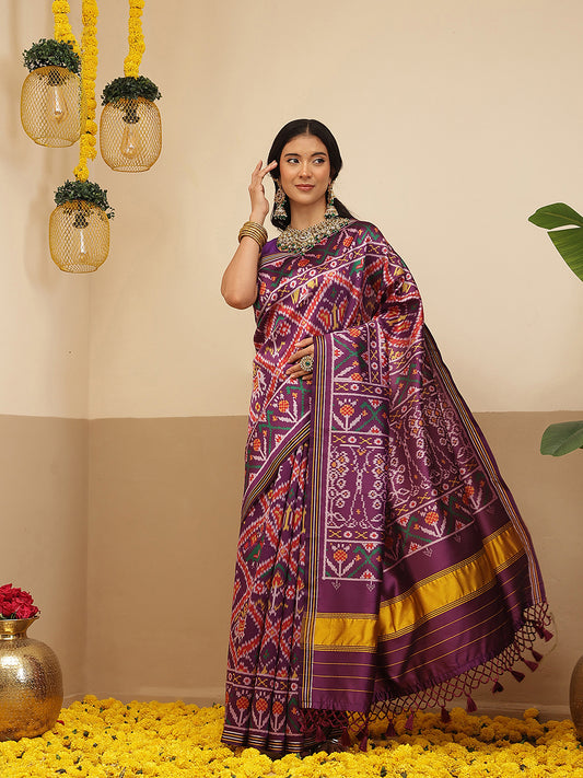 Multicolored Patola Twill Weave Saree for Women with Lagdi Patta Pallu and Tassel