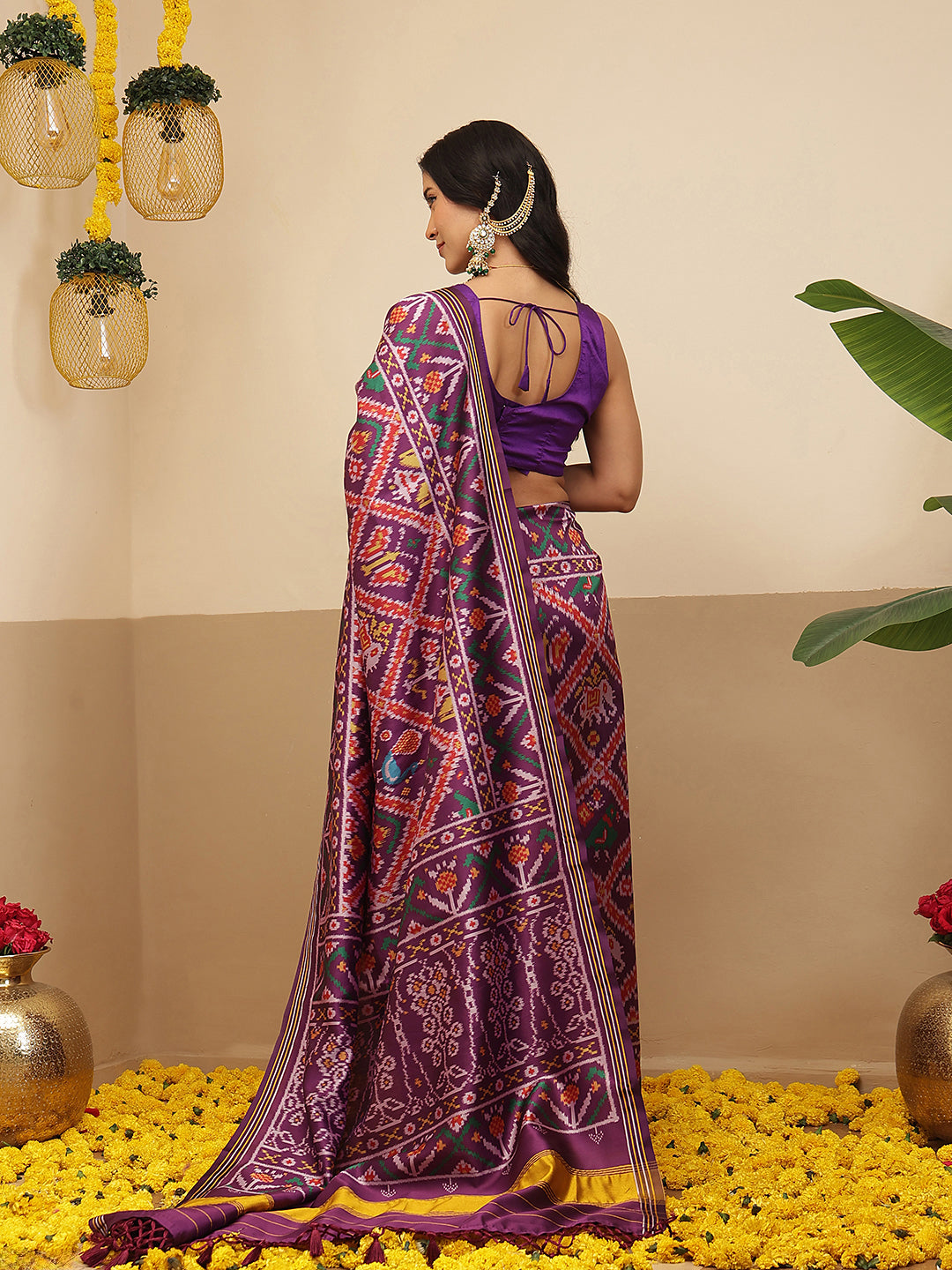 Multicolored Patola Twill Weave Saree for Women with Lagdi Patta Pallu and Tassel