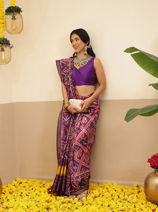 Multicolored Patola Twill Weave Saree for Women with Lagdi Patta Pallu and Tassel
