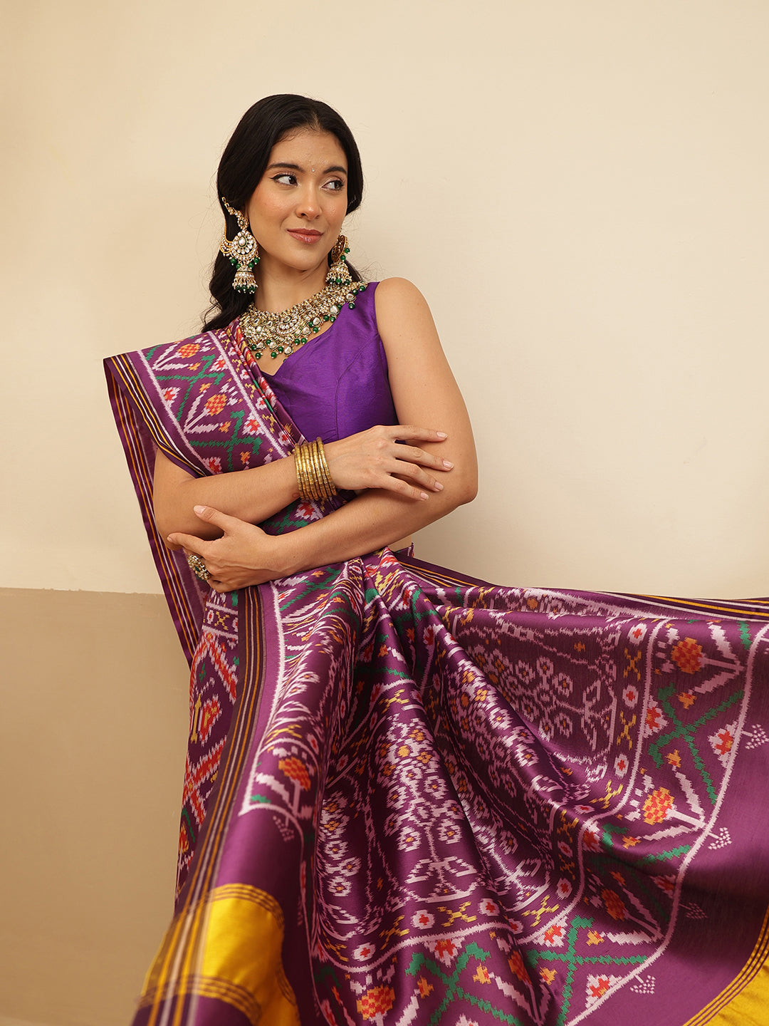 Multicolored Patola Twill Weave Saree for Women with Lagdi Patta Pallu and Tassel