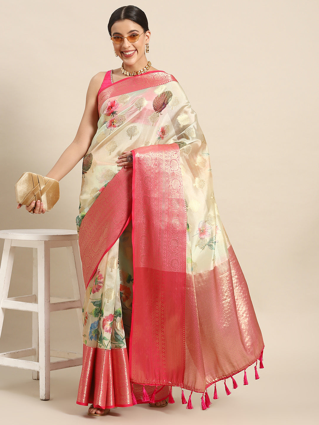 Floral Zari Art Silk Chanderi Digital Printed Saree