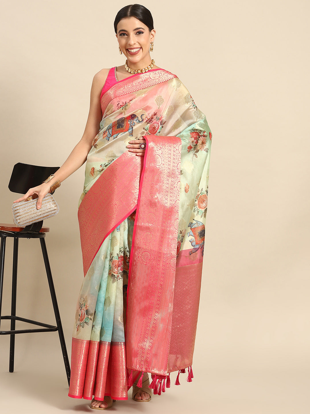 Floral Zari Art Silk Chanderi Digital Printed Saree