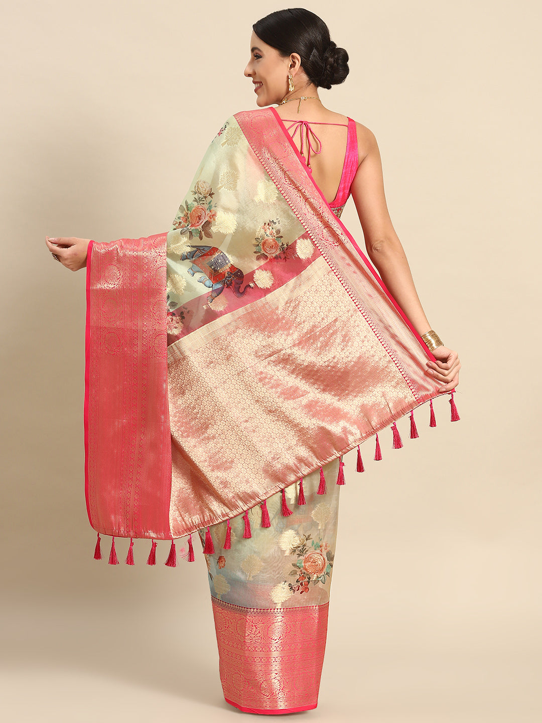 Floral Zari Art Silk Chanderi Digital Printed Saree