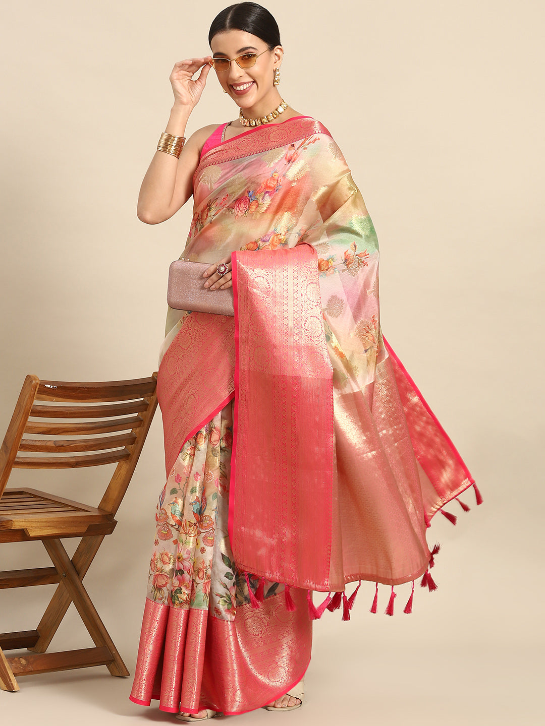 Floral Zari Art Silk Chanderi Digital Printed Saree