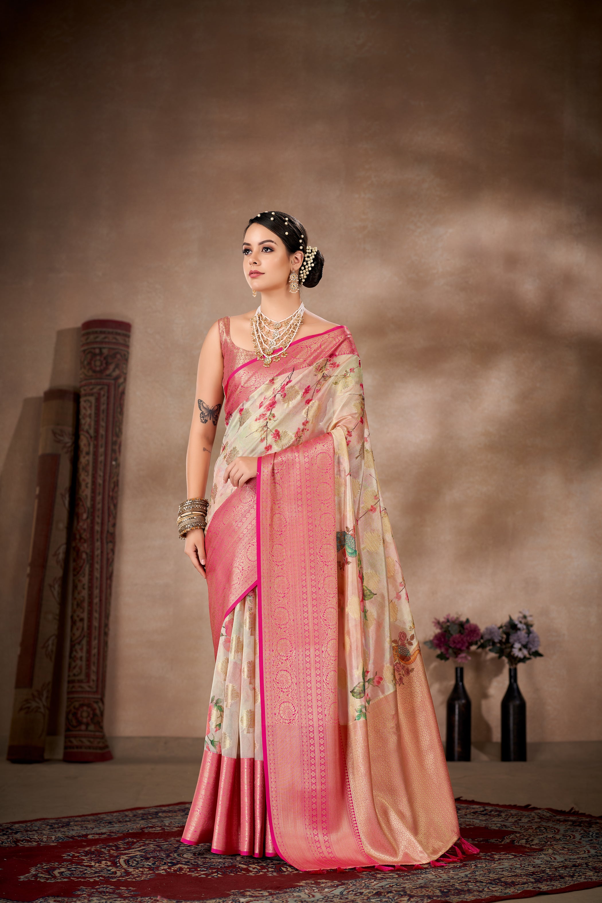 Floral Zari Art Silk Chanderi Digital Printed Saree