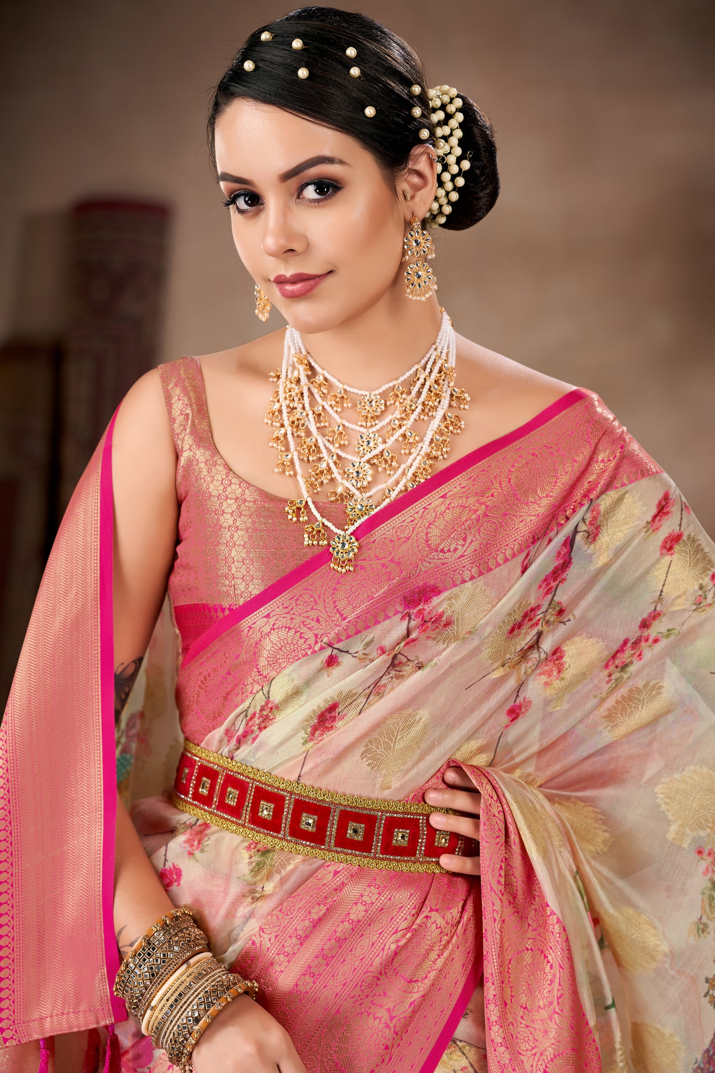 Floral Zari Art Silk Chanderi Digital Printed Saree