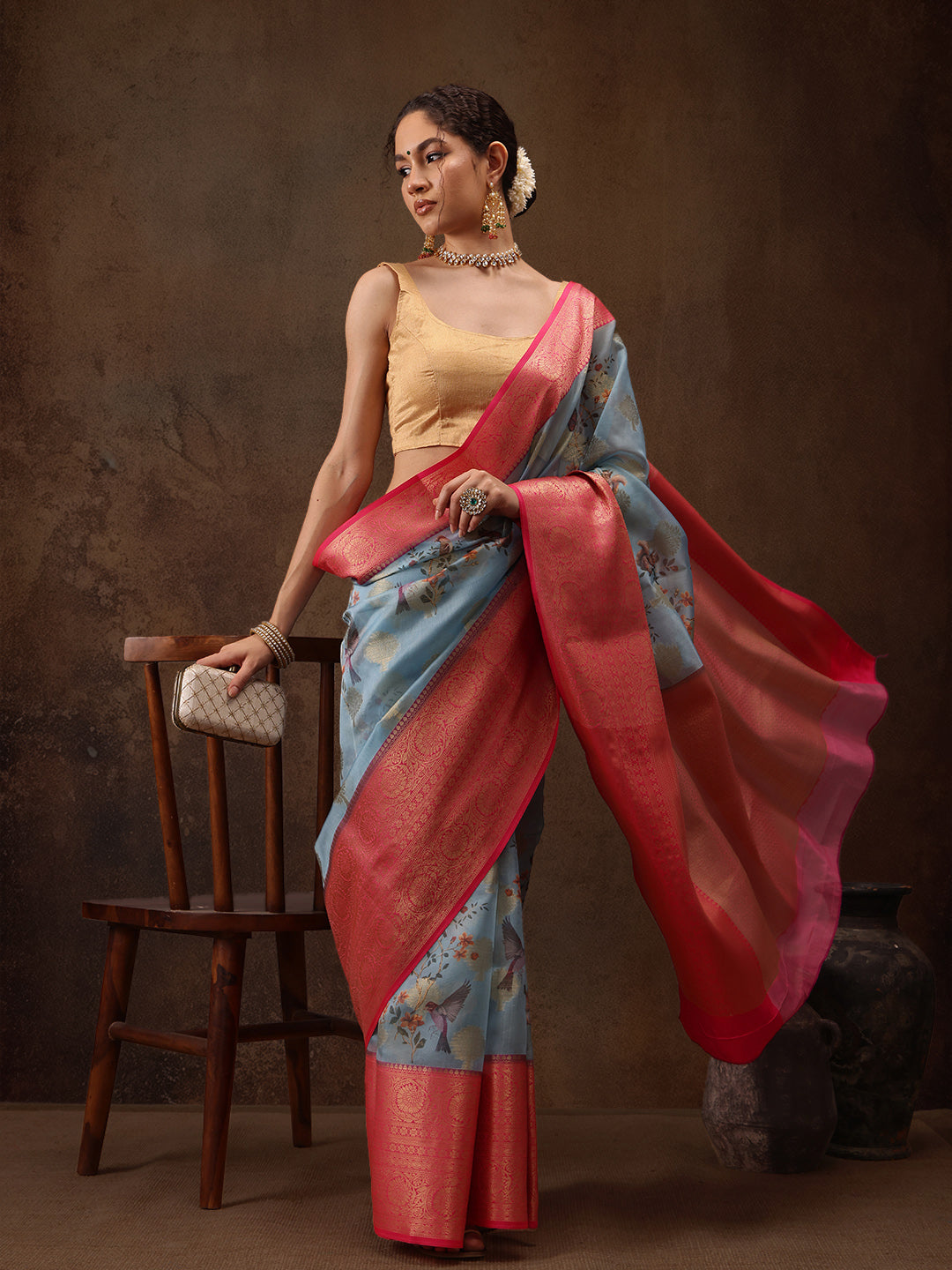 Floral Chanderi Kamlamkari Art Silk Saree