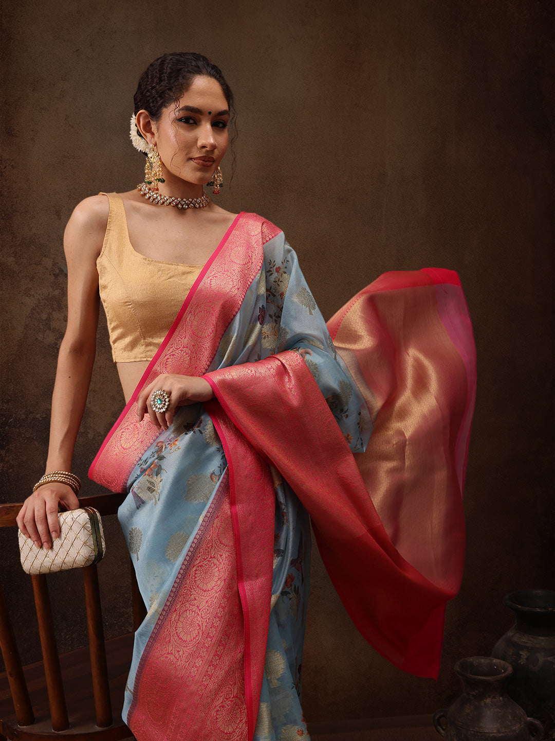 Floral Chanderi Kamlamkari Art Silk Saree