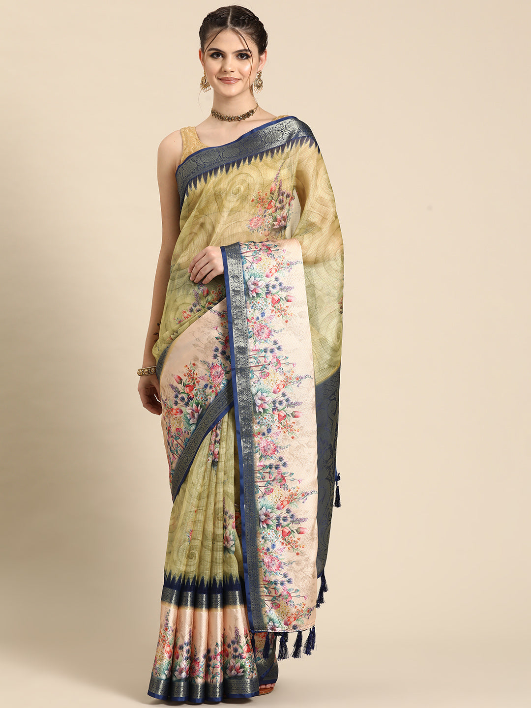 Kanjivaram Silk Floral Printed Zari Woven Saree With Tassels