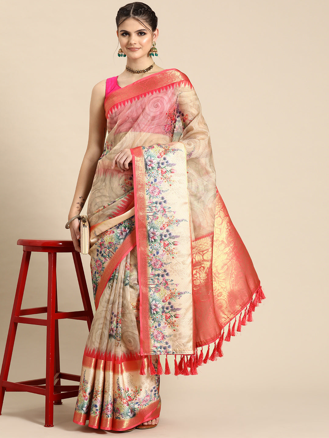 Kanjivaram Silk Floral Printed Zari Woven Saree With Tassels