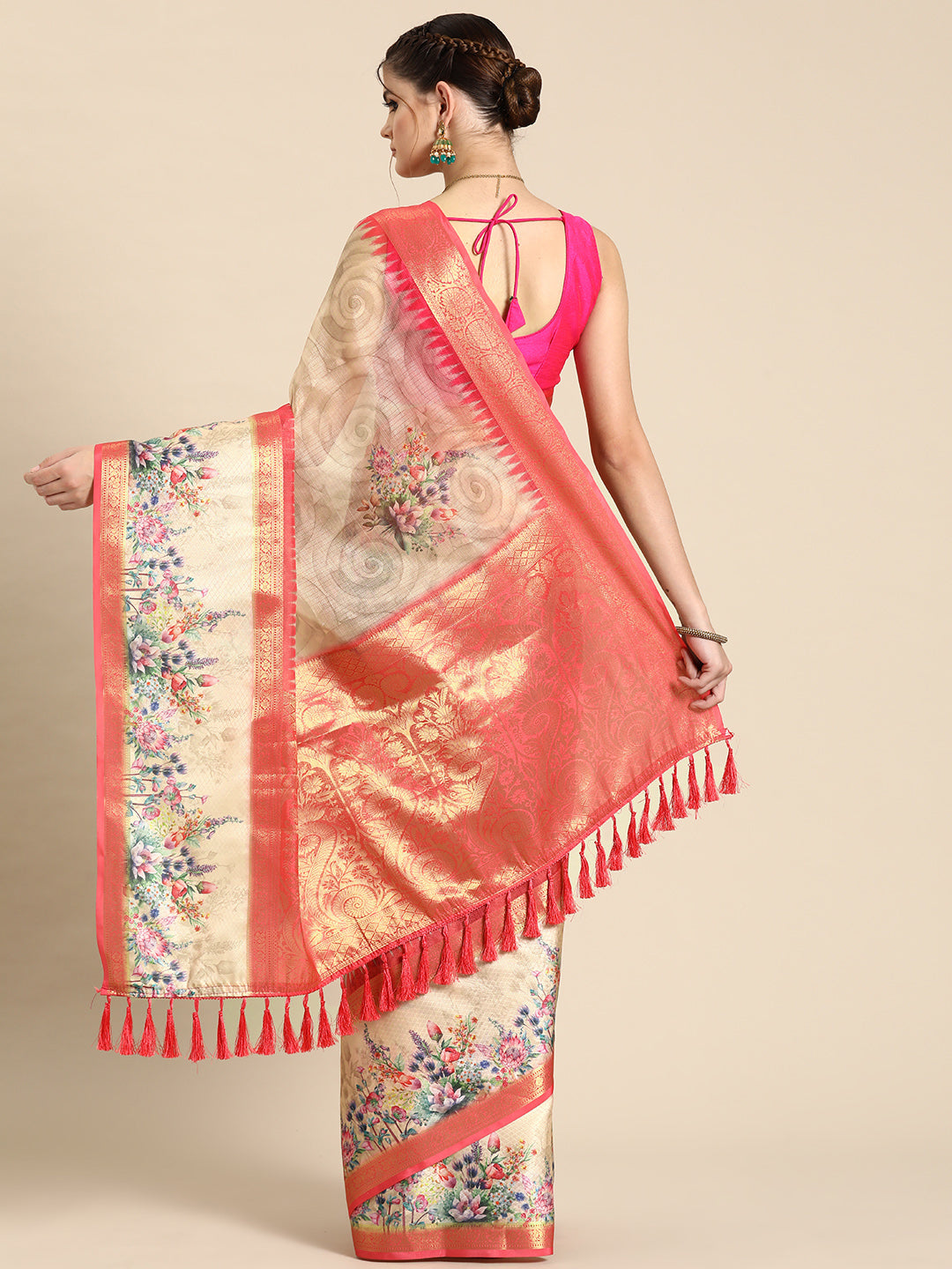 Kanjivaram Silk Floral Printed Zari Woven Saree With Tassels
