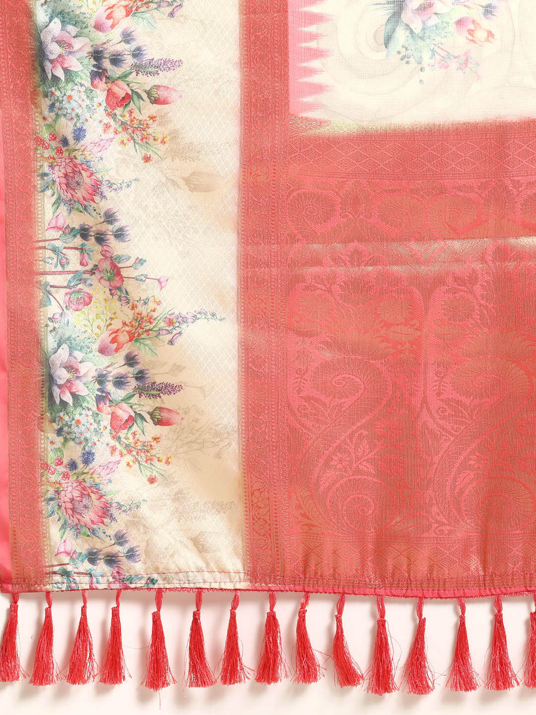 Kanjivaram Silk Floral Printed Zari Woven Saree With Tassels