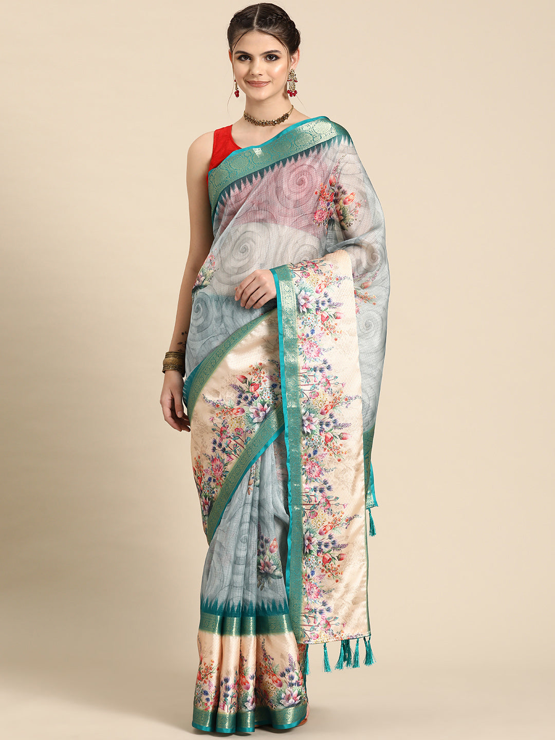 Kanjivaram Silk Floral Printed Zari Woven Saree With Tassels
