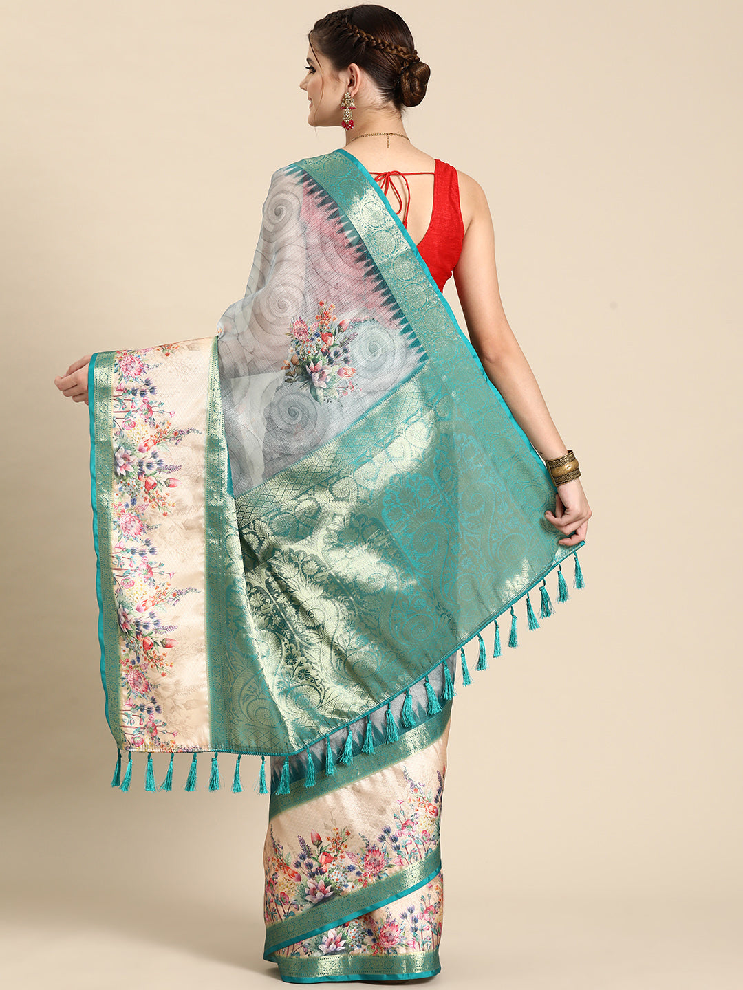 Kanjivaram Silk Floral Printed Zari Woven Saree With Tassels