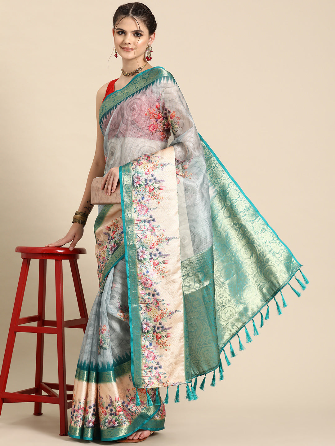 Kanjivaram Silk Floral Printed Zari Woven Saree With Tassels