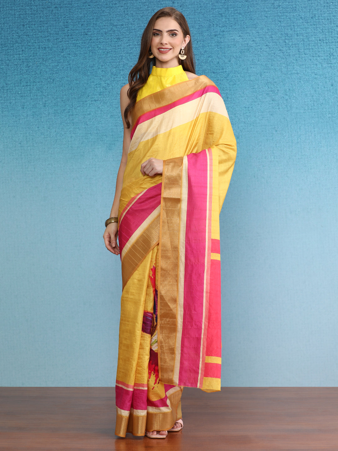 Color Blocked Zari Border Printed Silk Saree