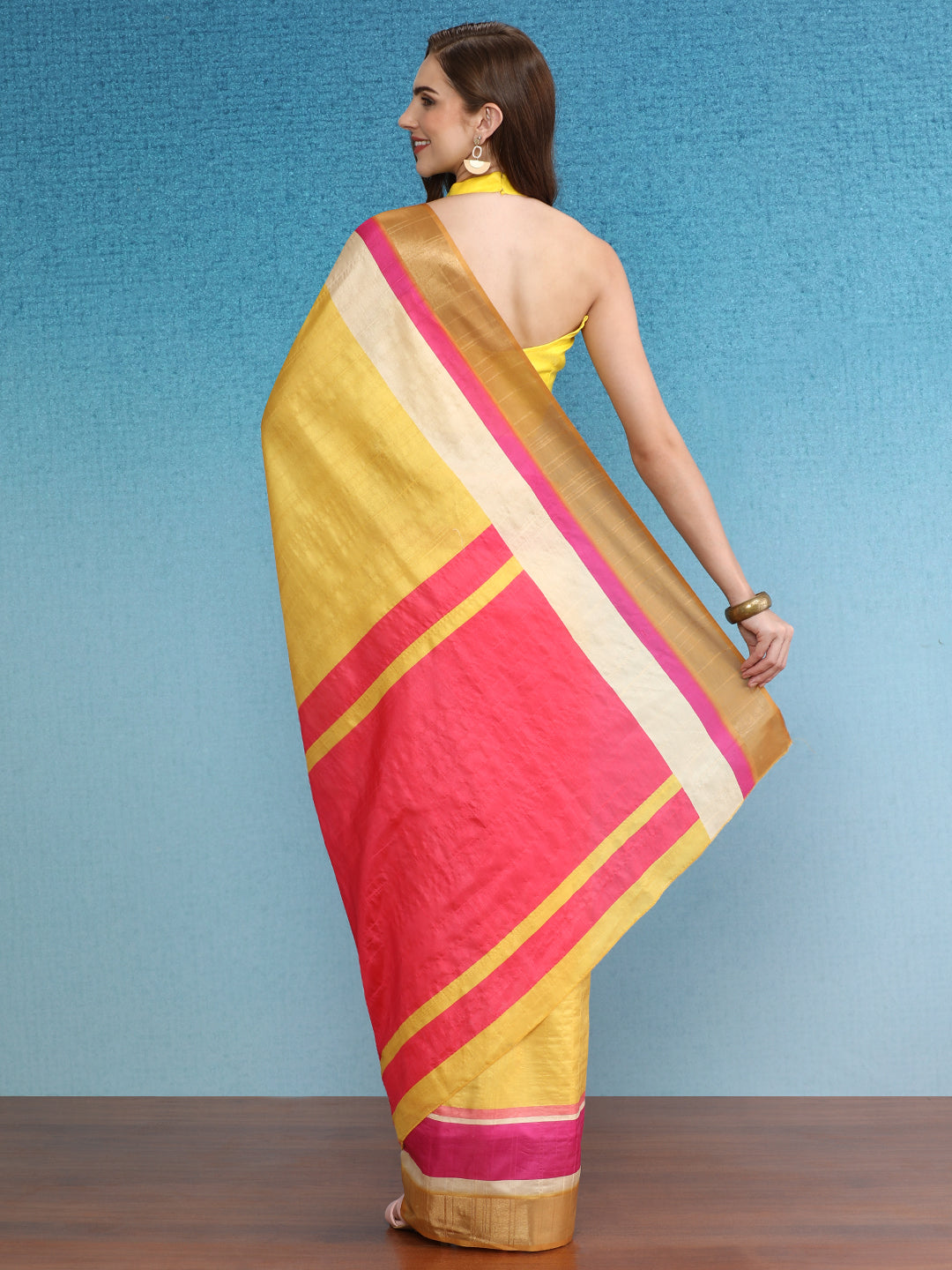 Color Blocked Zari Border Printed Silk Saree