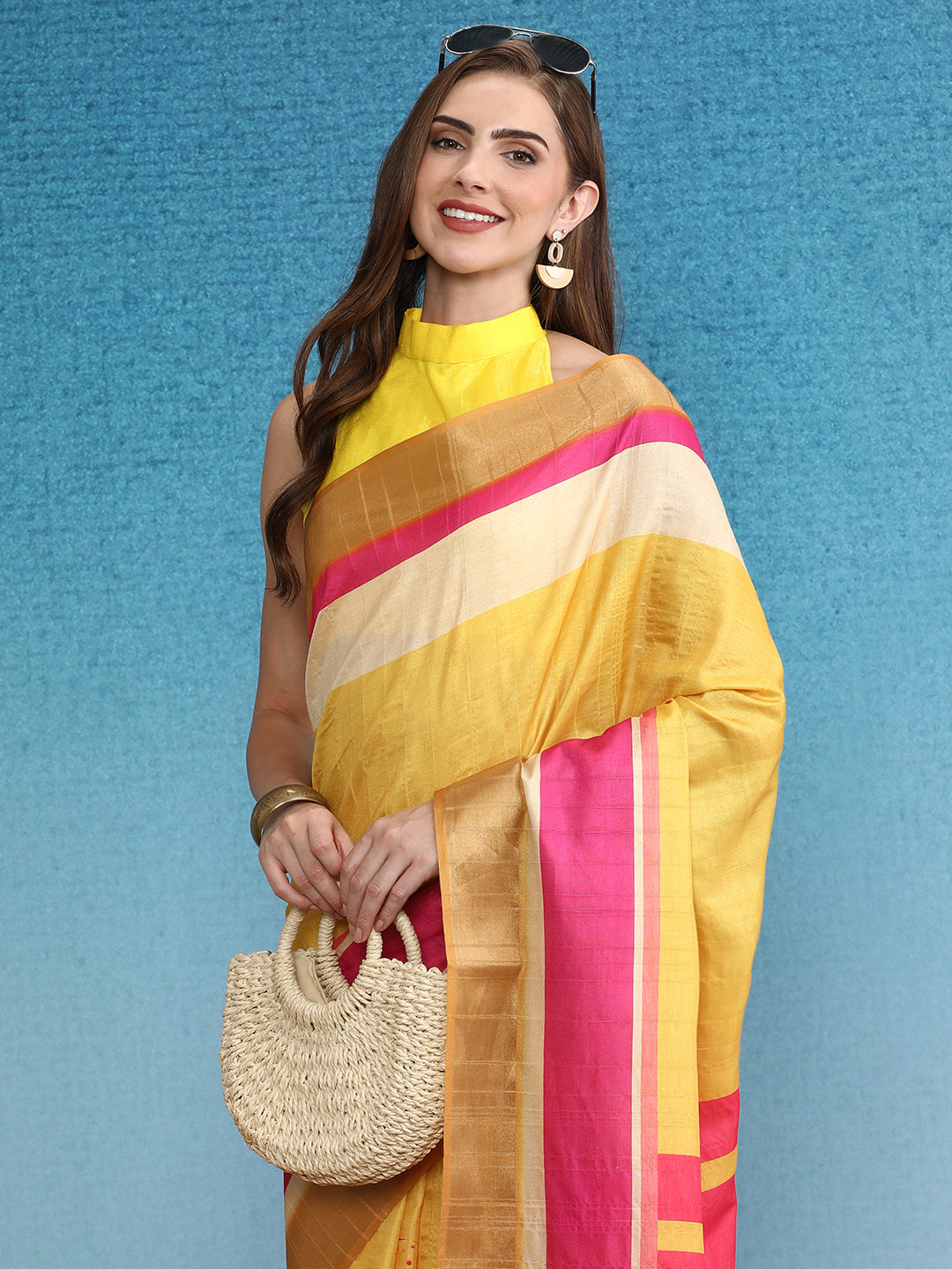 Color Blocked Zari Border Printed Silk Saree