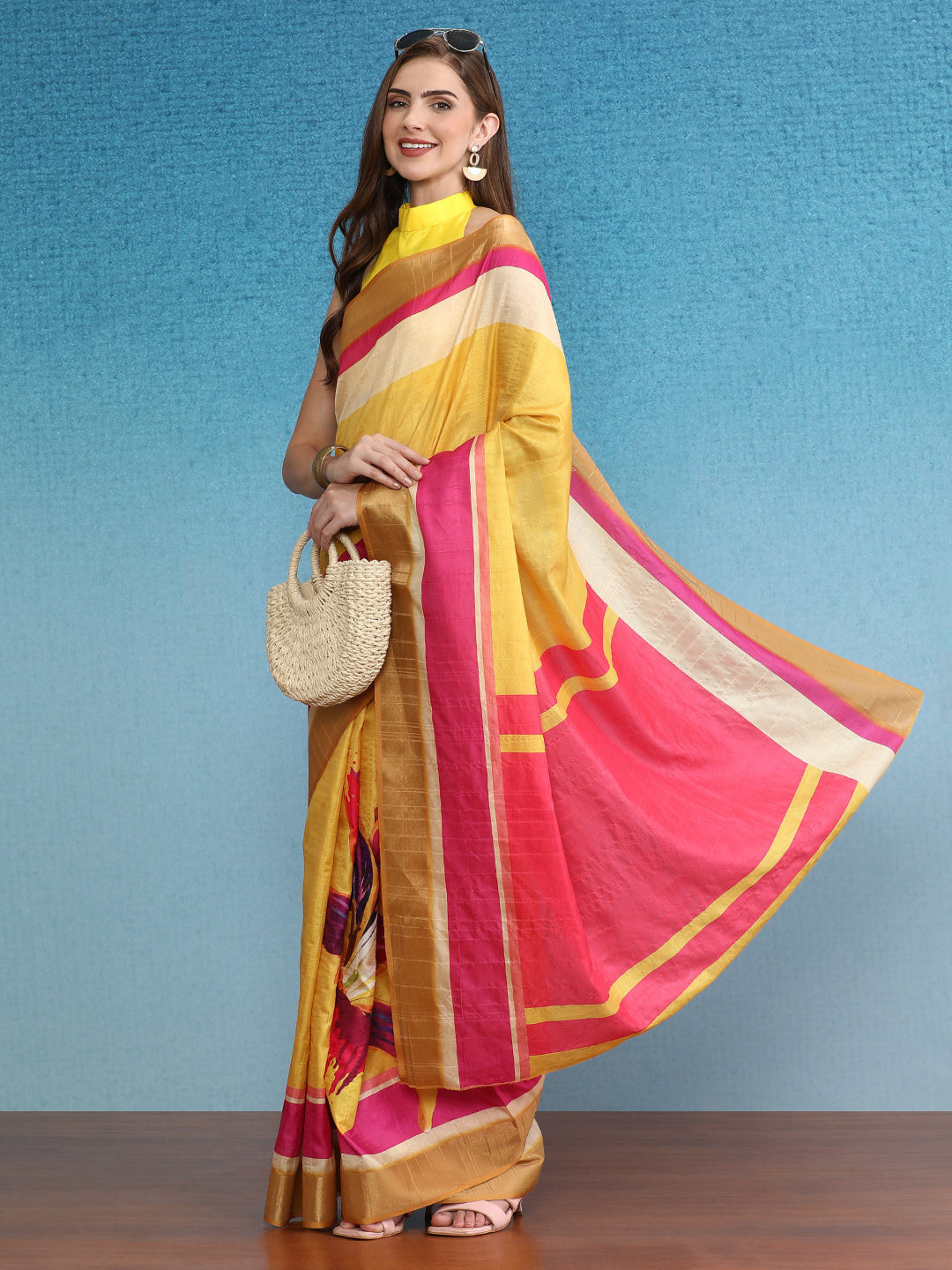 Color Blocked Zari Border Printed Silk Saree