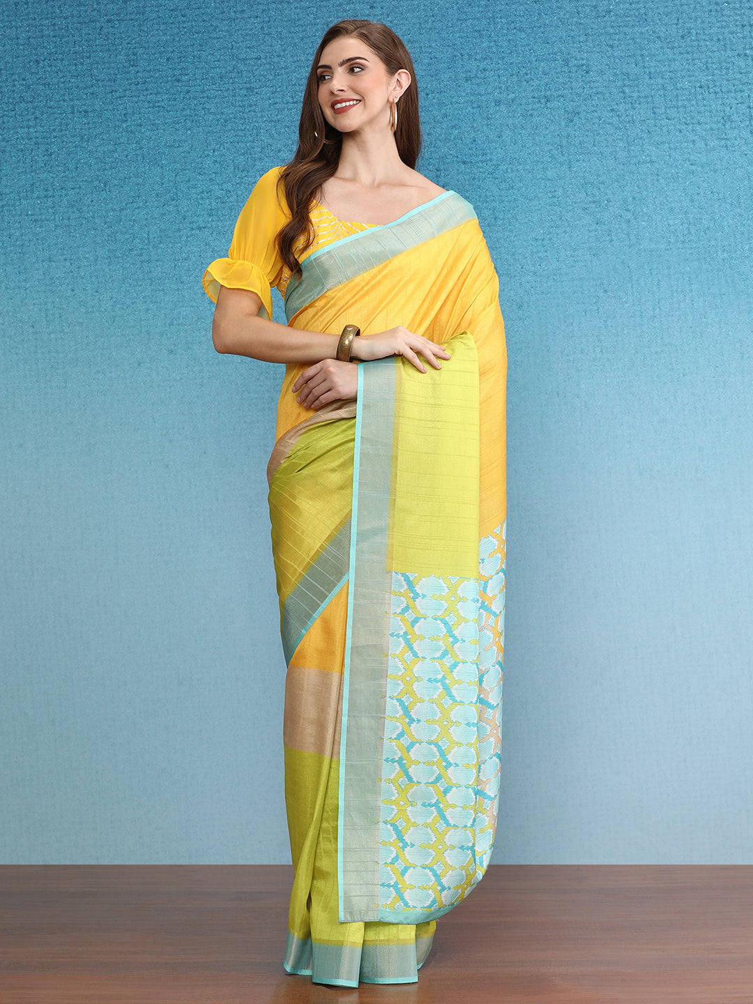 Color Blocked Zari Border Printed Silk Saree