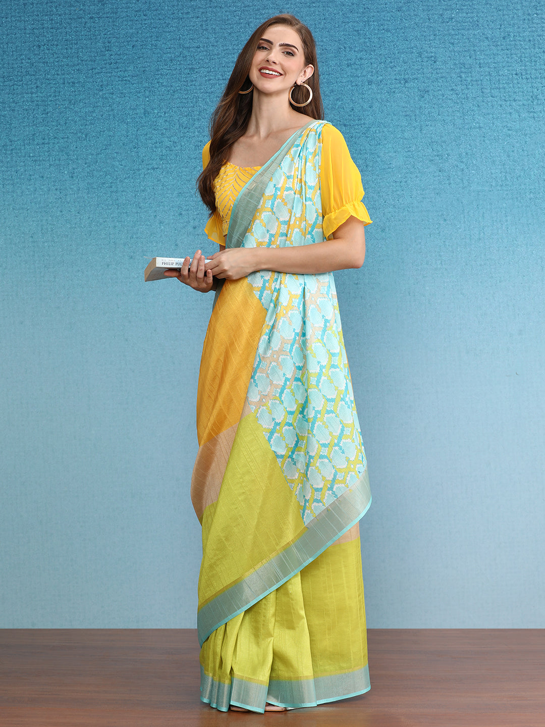 Color Blocked Zari Border Printed Silk Saree