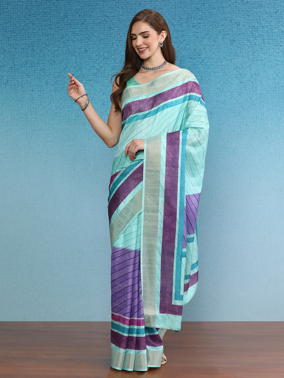 Blocky Stripes Soft Silk Zari Border Printed Saree