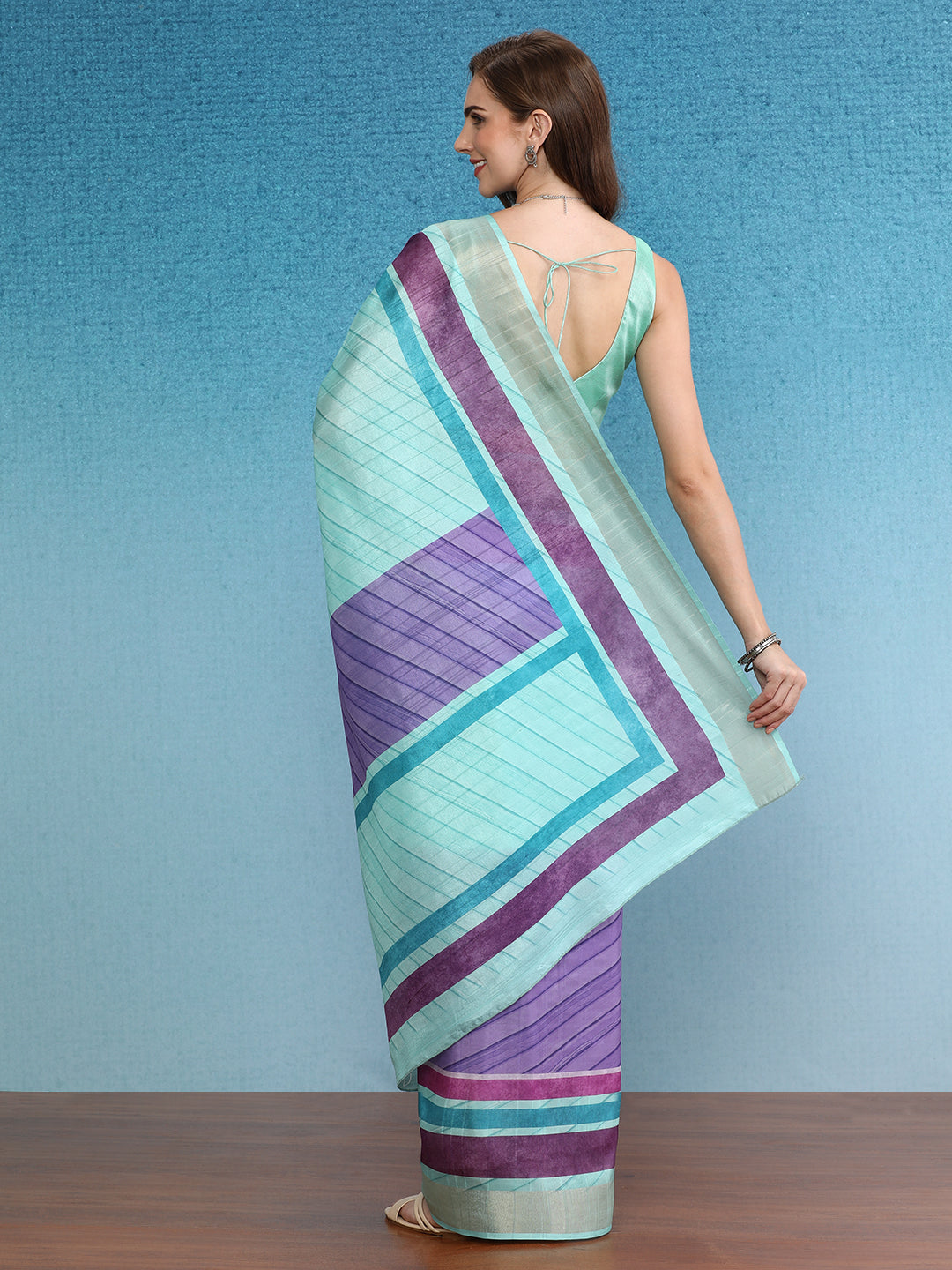 Blocky Stripes Soft Silk Zari Border Printed Saree