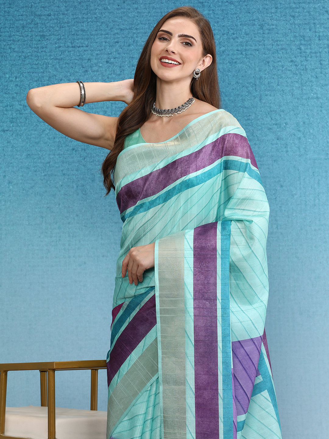 Blocky Stripes Soft Silk Zari Border Printed Saree