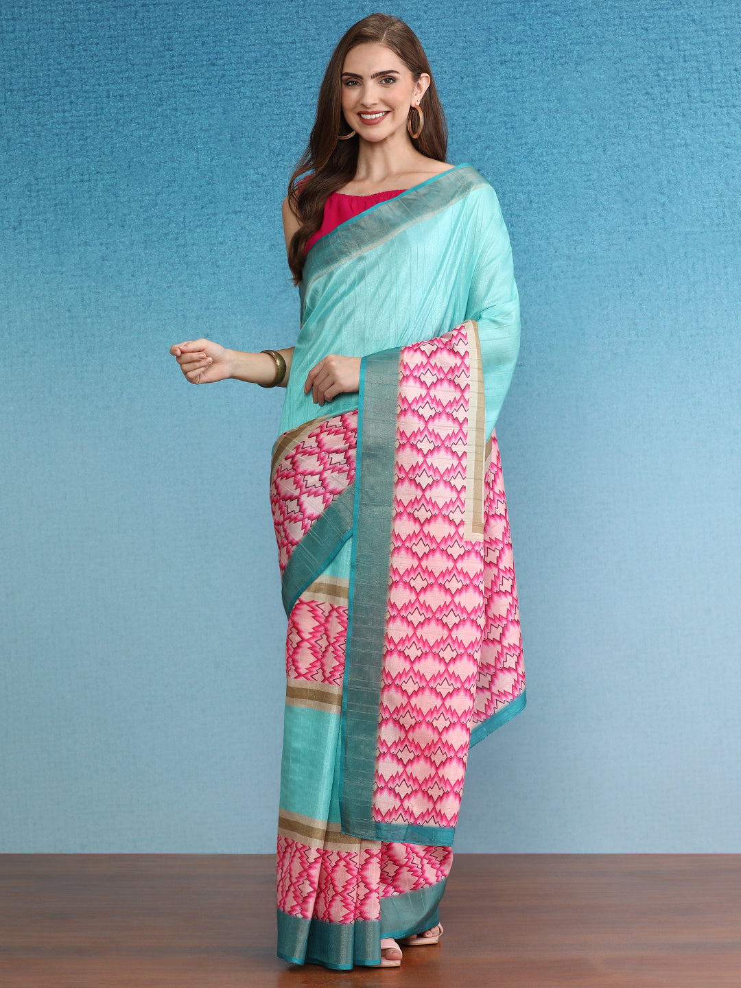 Chevron Striped Digital Printed Colorblocked Saree