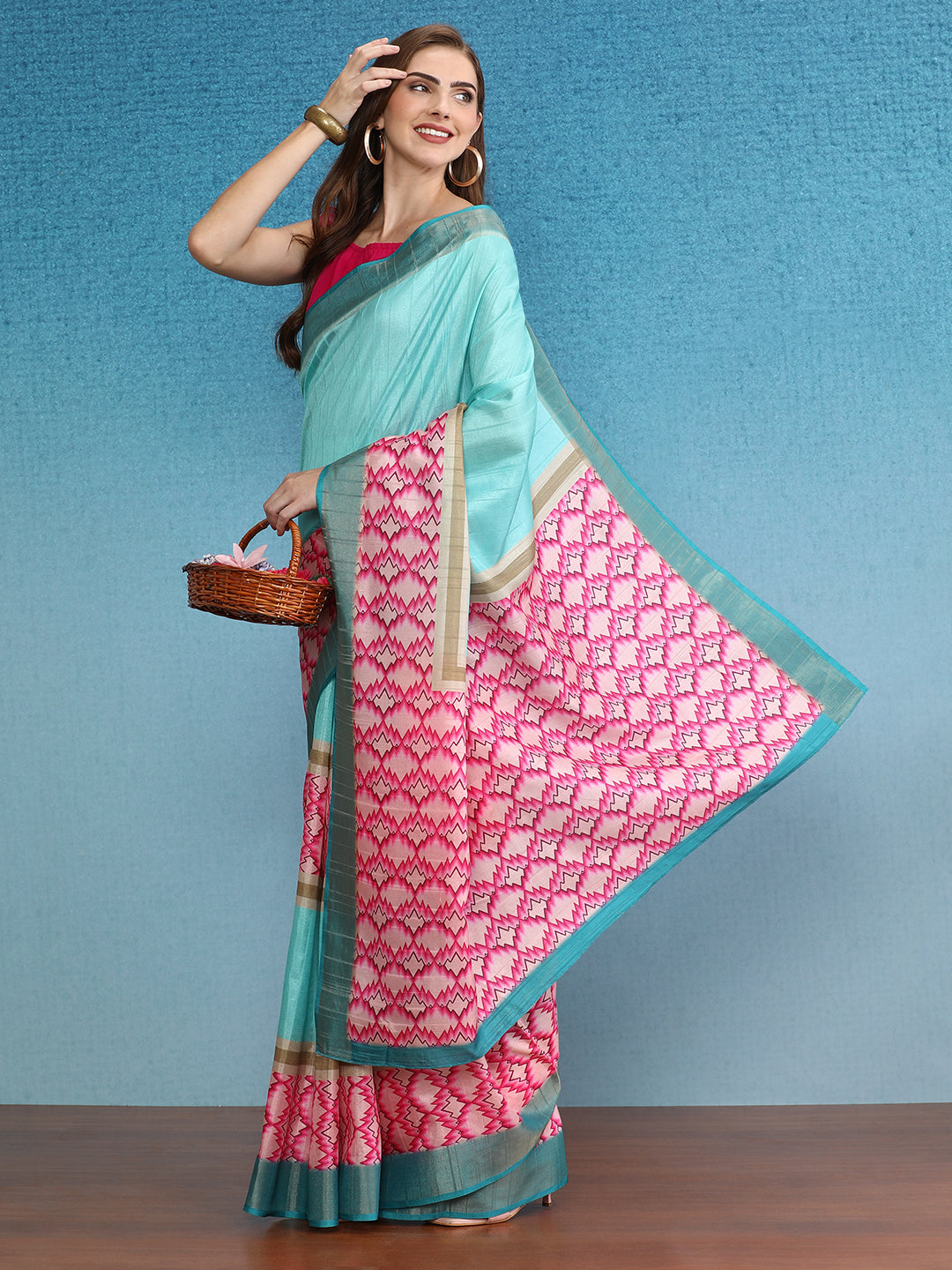 Chevron Striped Digital Printed Colorblocked Saree